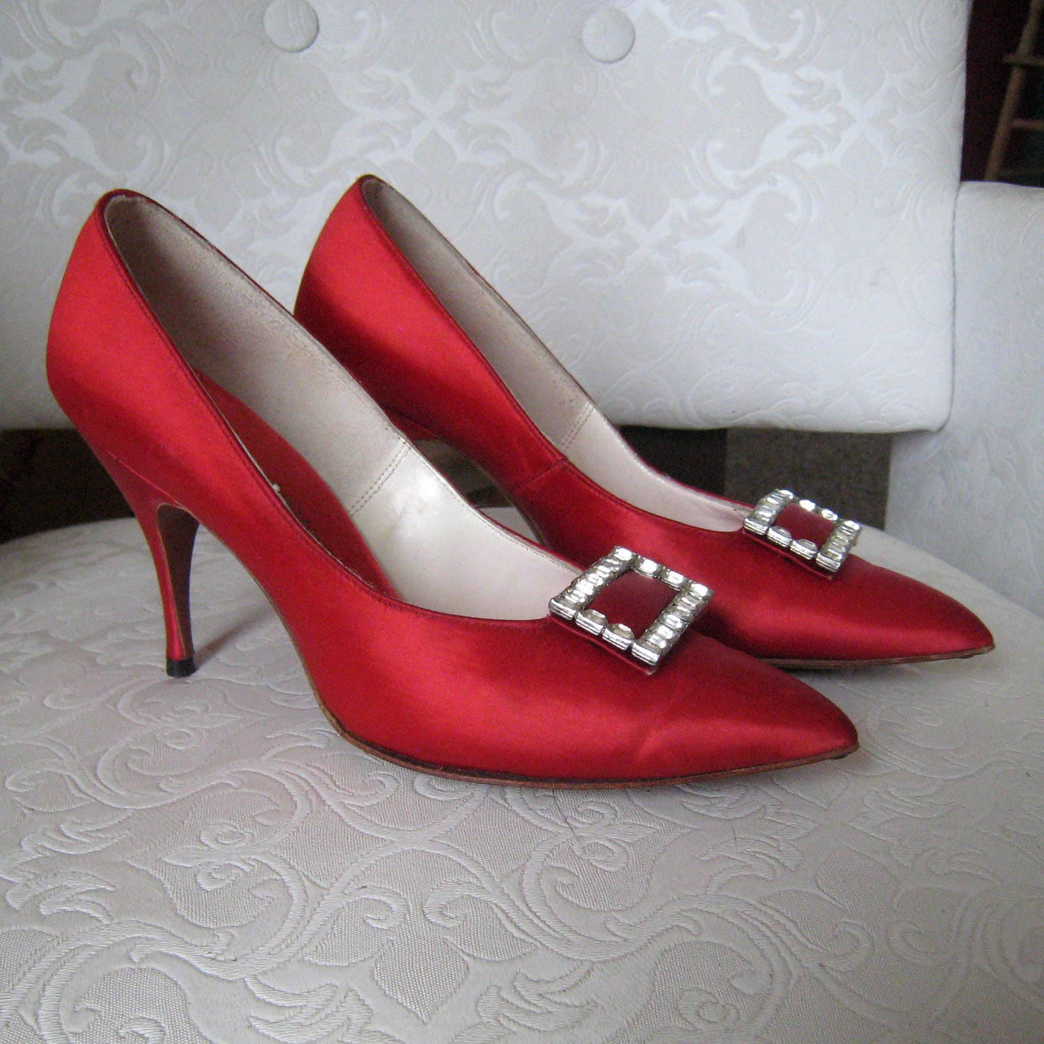 Vintage Red Satin & Rhinestone Buckle Formal Shoes - High Heels, Ferrano - Size 6