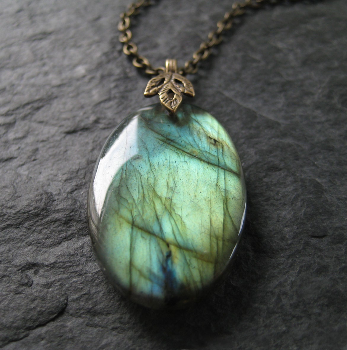 Green Golden and Blue Oval Shaped Labradorite Pendant