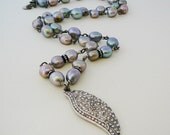 Long Pendant Necklace Gray Freshwater Pearls Silvertone Angel Wing Statement