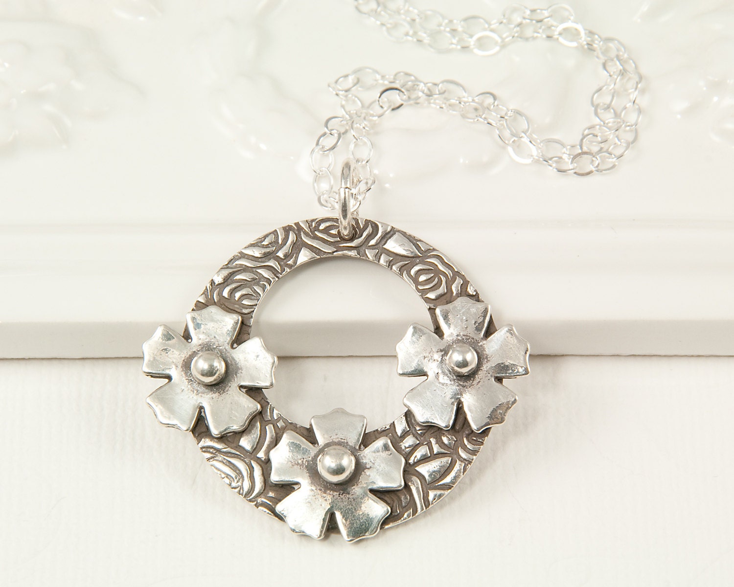 Silver flower necklace PMC fine silver circle pendant one of a kind oxidized necklace botanical jewelry gift for gardener mothers day