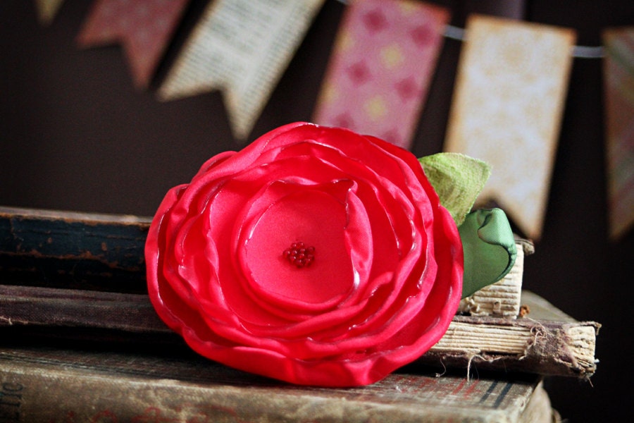 adore - a handmade red flower hair clip with pin, interchangeable accessory