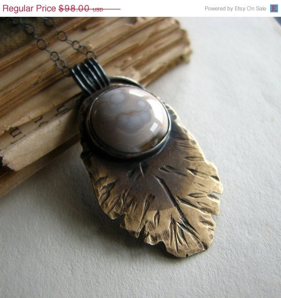SALE 20% off Sterling silver and brass necklace, metalwork, bezel set gemstone, cream ocean jasper, rustic feather - Light as a Feather