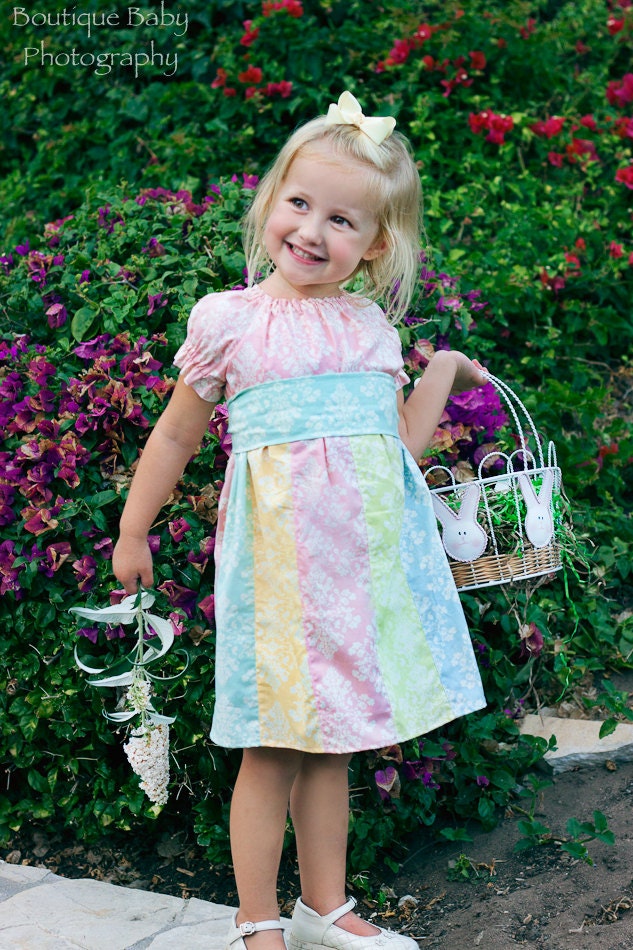 Spring Dress Bunny Damask Stripwork Boutique Custom Size 12m, 2t, 3t, 4t, 5, 6