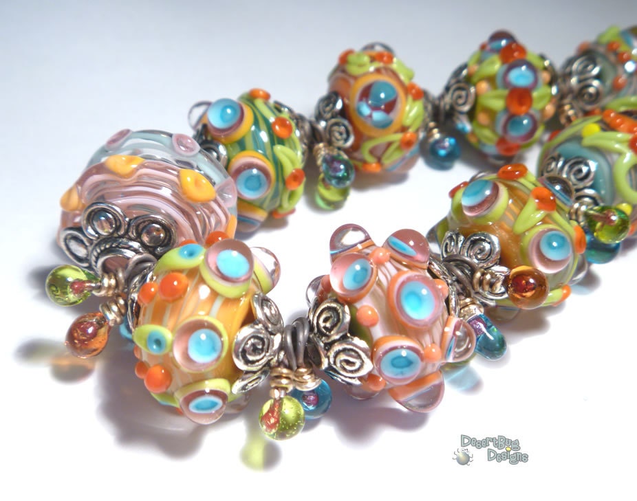 BOHO GARDENS Handmade Lampwork Bead Bracelet Bold Bright Colors Blue Red Pink Green Orange  Silver Bold and Bohemian  Artist Made