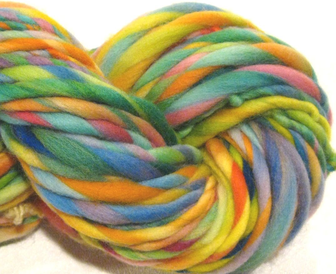 Thick N Thin Handspun Yarn May Flowers 58 yds rainbow yarn waldorf doll hair knnitting supplies crochet supplies