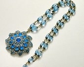 Vintage Deco, Revival Era Blue Glass Bead, Rhinestone Necklace, Blue Dayz