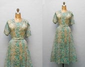 vintage 1940s sheer dress. printed nylon plus size