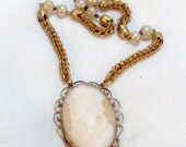 Ornate Shell Cameo Necklace with Faux Pearls - Vintage