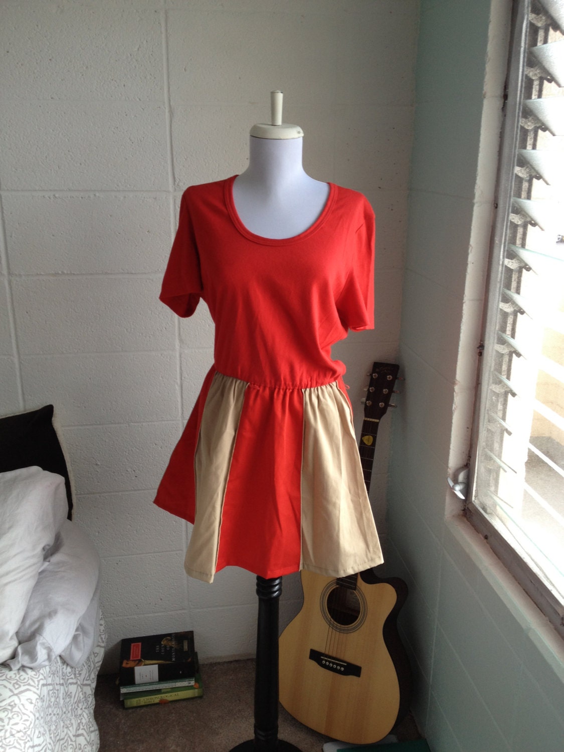 vintage 1980s RED and BEIGE new wave dress