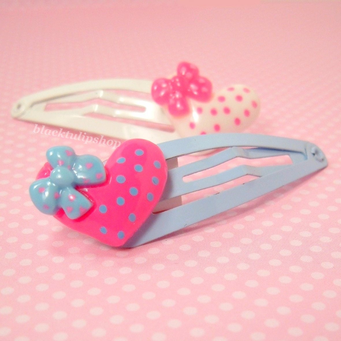 Sweet Lolita 80s Inspierd Fairy Kei Hair Snap Clips Barrettes Polka Dot Heart Bow Light Pink Blue White