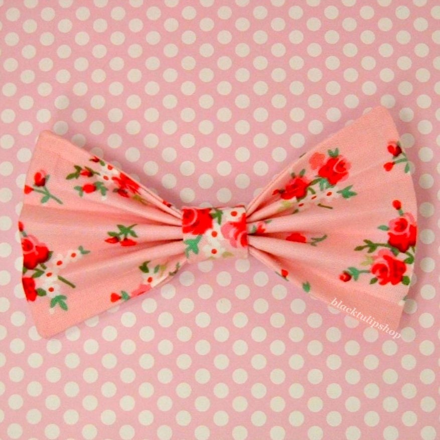 Pink Retro Floral Hair Bow Clip Barrette Pink Red Roses Girly Lolita