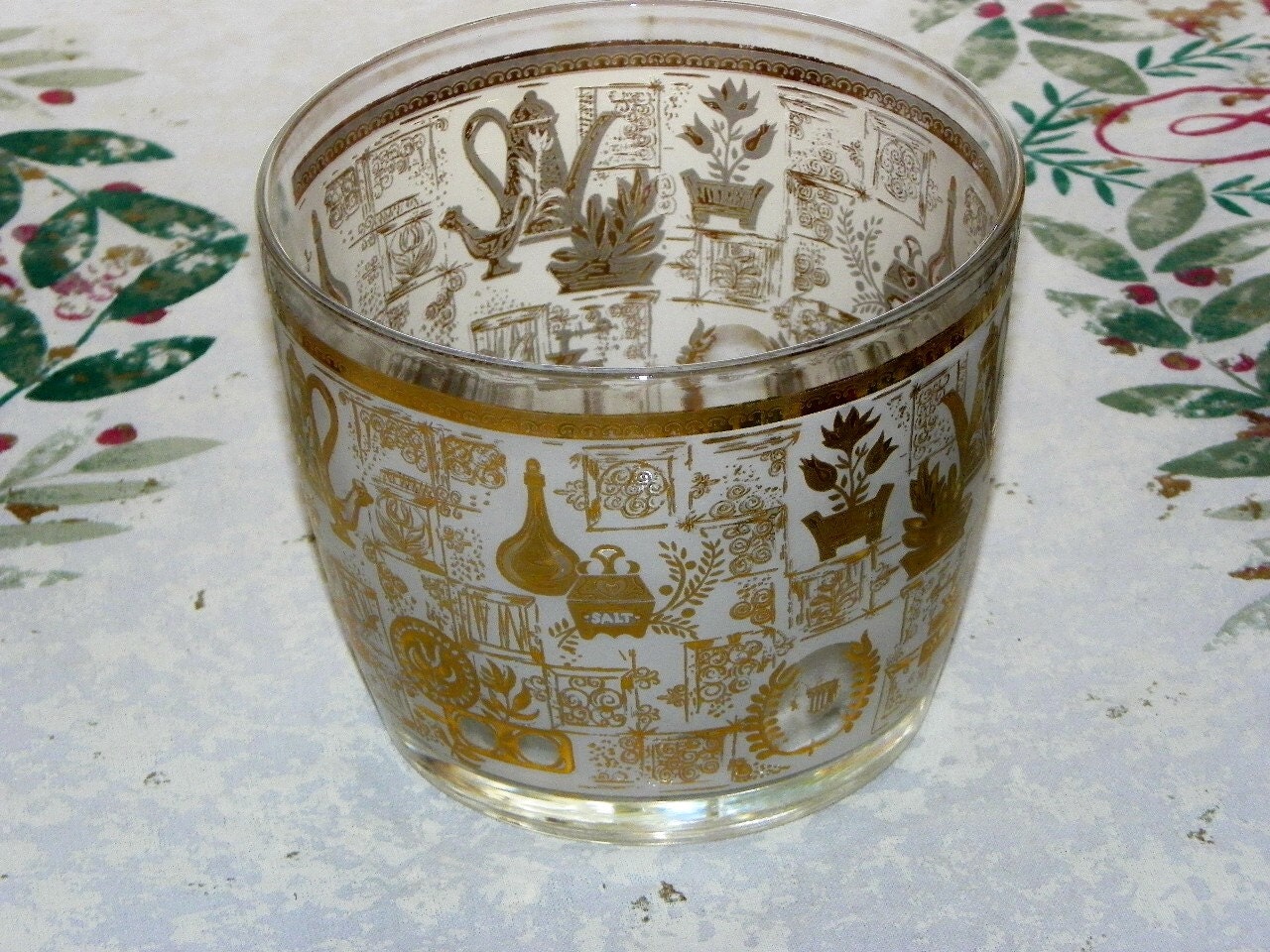 Vintage Hazel Atlas 1950s Colony Frosted Glass Ice Bucket Frosted Gold Trim Early American Pattern
