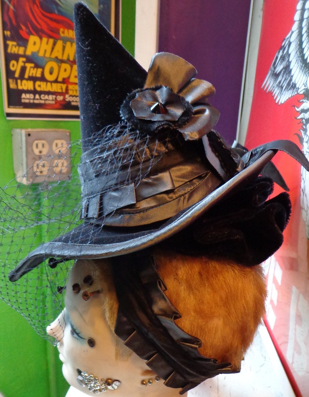 Witch Hat Black Velveteen Victorian Style Tilt Hat