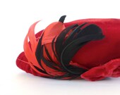 1930s Hat . Gatsby . Calot . Red Hat . Feather Hat