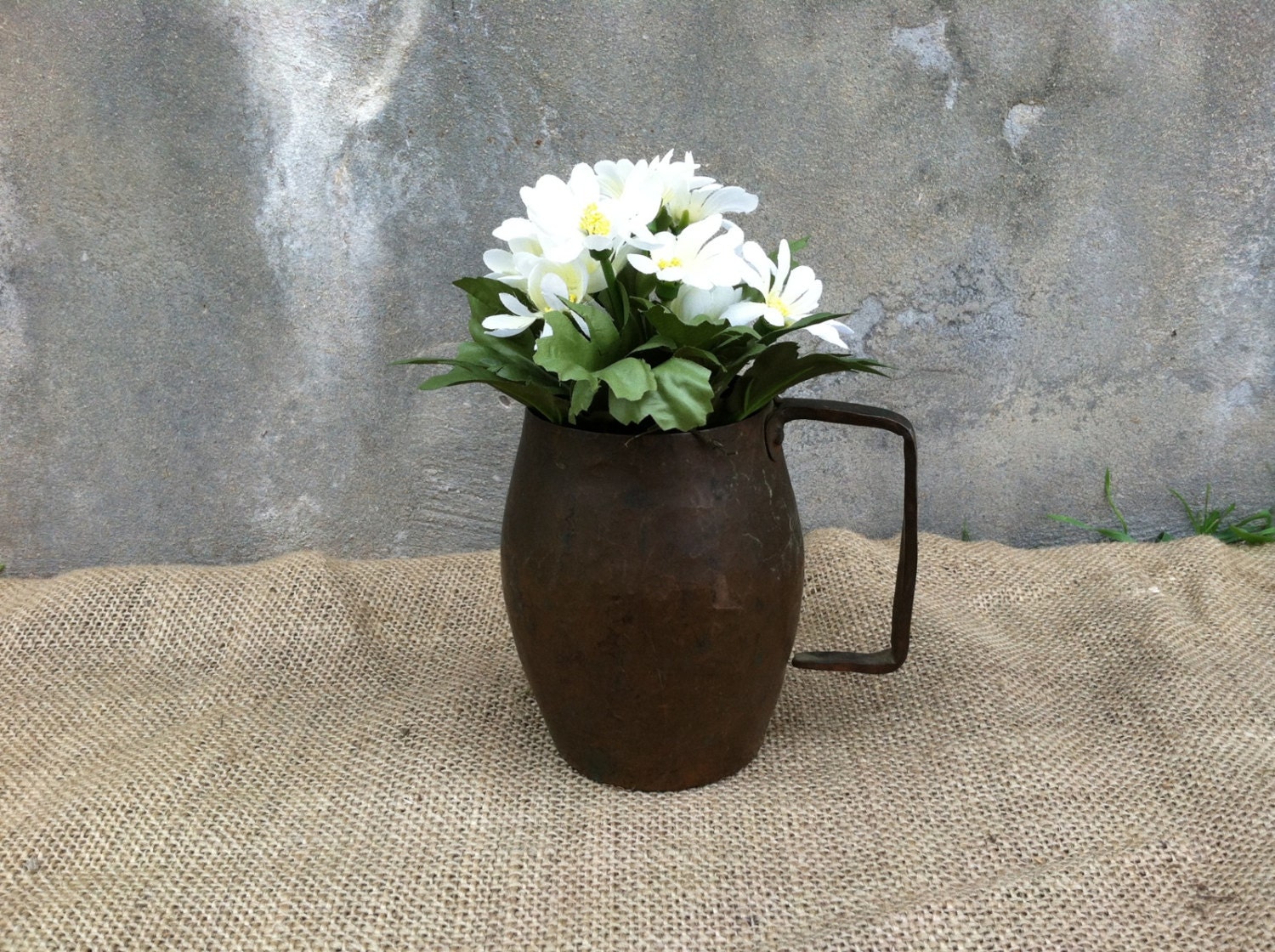 Vintage Rustic Mid Century Industrial - Copper Cup - Repurpose Planter - Hand Forged Handle - Farmhouse CHIC