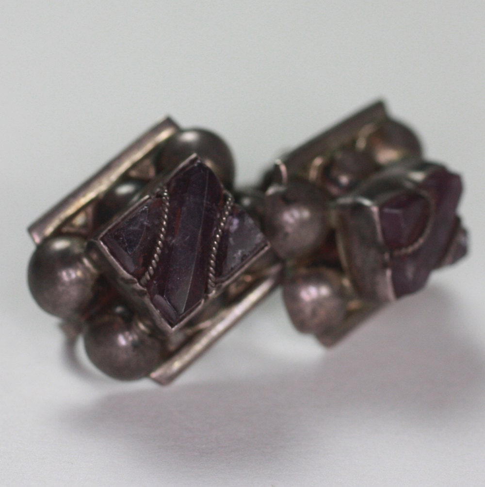 Vintage Amethyst and Silver Earrings Screw Back Mexico