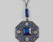 Vintage Art Deco Necklace Blue Enameled Filigree