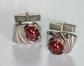 Silver Tone and Red Glass Cab Cufflinks Cuff Links Vintage