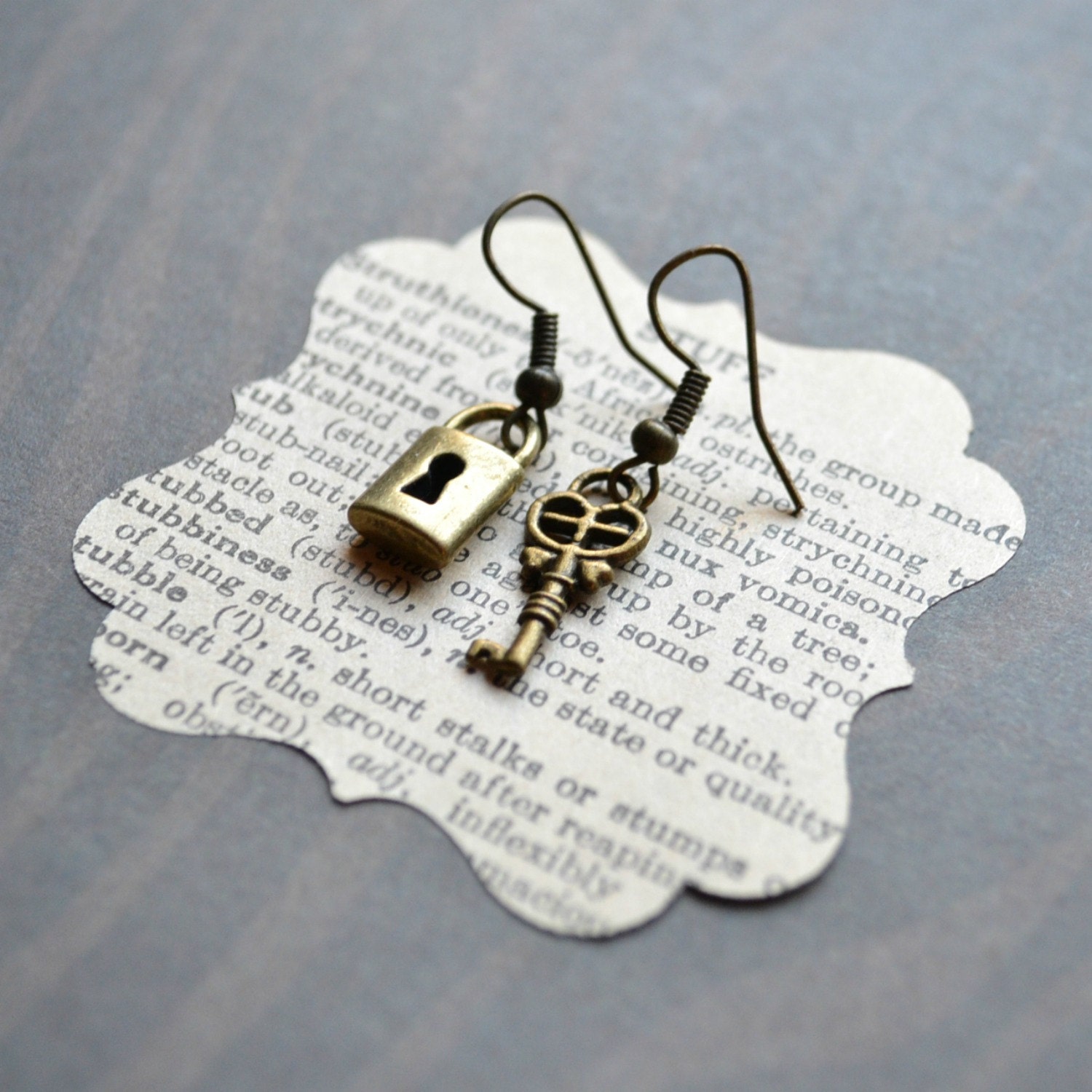 Antiqued Bronze Lock and Key Charm Earrings - Skeleton Key - Vintage Style - Cute Gifts for Teens