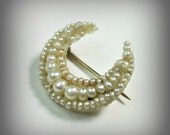 Dainty Antique Crescent Moon Brooch - Georgian to Victorian - Natural Baroque Pearls - 14KT - Wedding - June Birthstone