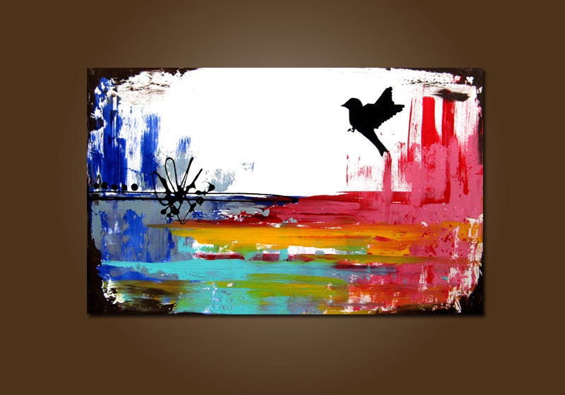 Freedom Always - 36 x 24, Original Modern Contemporary Acrylic PAINTING canvas, Heavy Textured Abstract Bird Art by Shanna