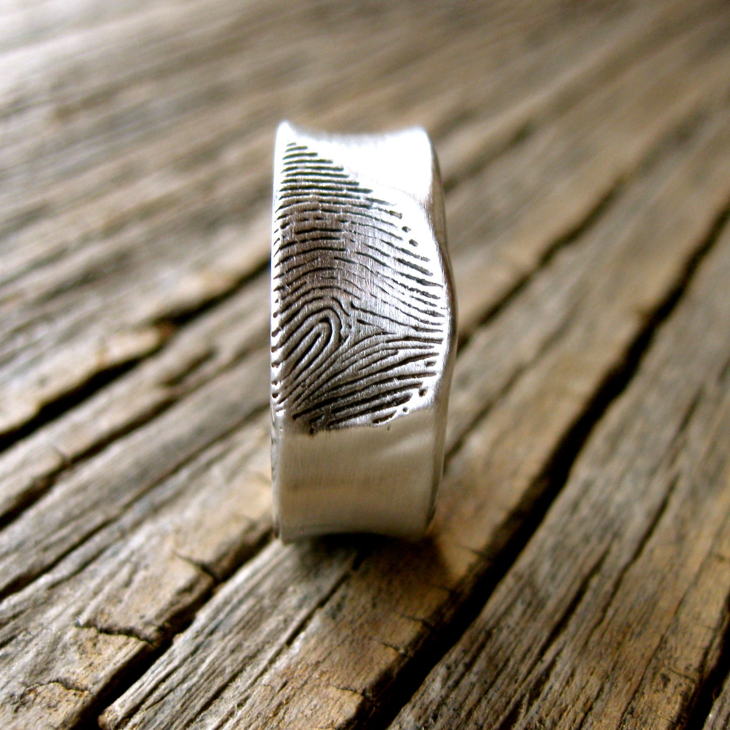 Hand Made Pressed Finger Print Wedding Ring in Sterling Silver with Oxidation and Matte Finish Size 10/8.5mm