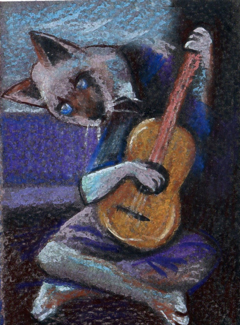 original art aceo card drawing  cat guitarist Piccasso