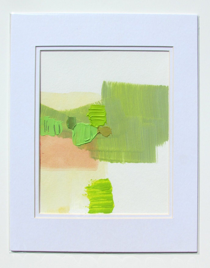 Pink, Green Abstract Art, matted painting, 8 x 10 original fine art -- Painting 255