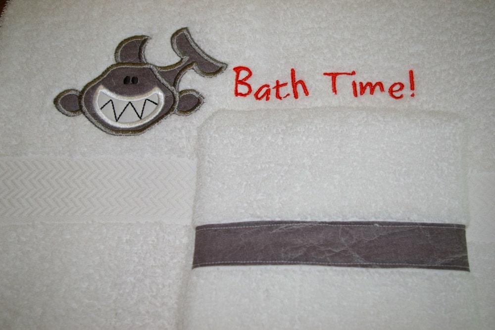 Custom Embroidered, Personalized Towel Set with Toothy Gray Shark