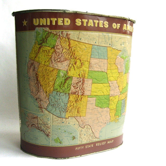 1960s Metal Atlas Relief USA Map Garbage Can