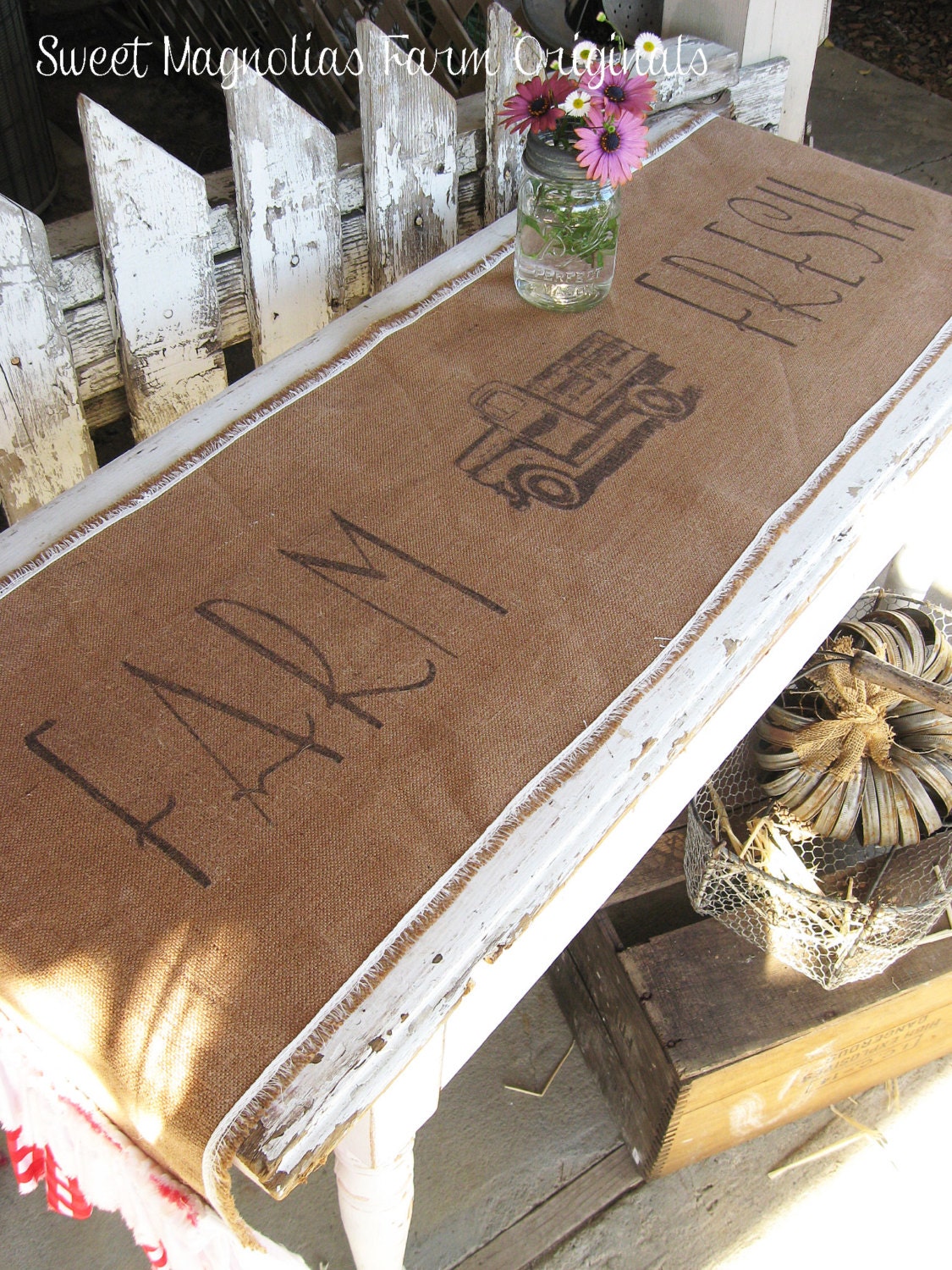 Burlap Table Runner - "Farm Fresh" Vintage Truck- triple white and red gingham ruffles-  By:Sweet Magnolias Farm