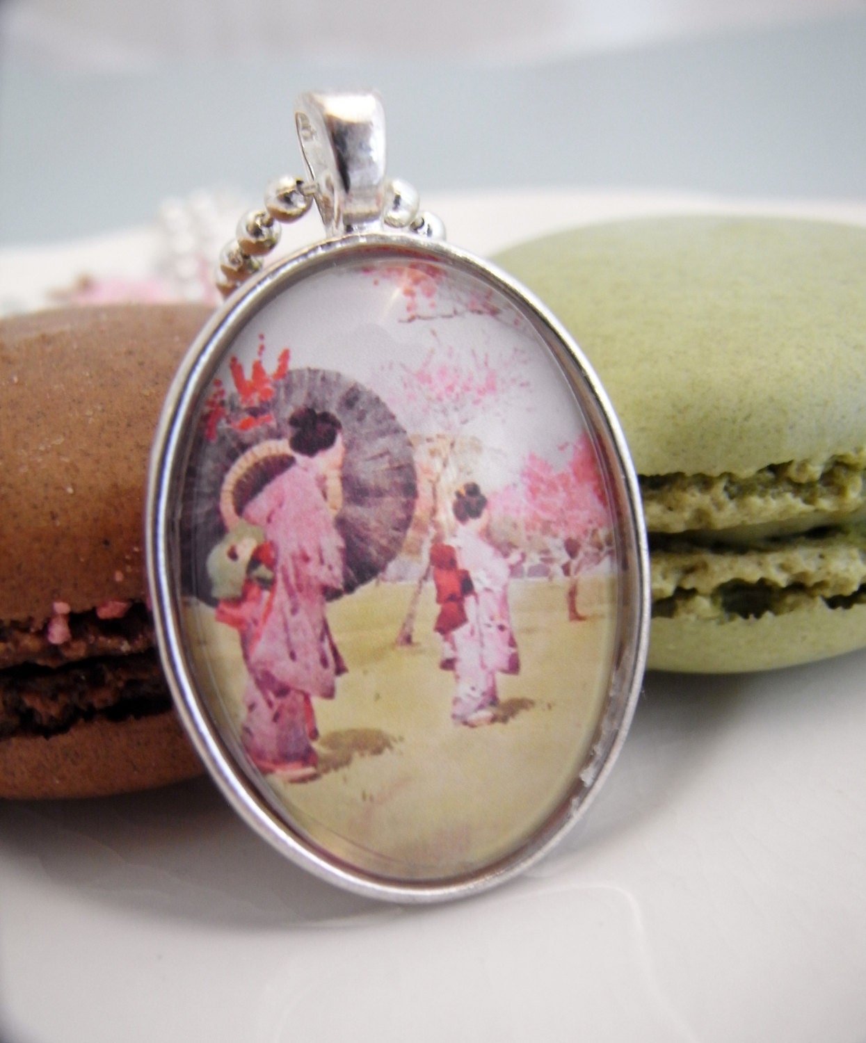 geishas altered art pendant, japanese gardens, cherry blossom, parasols, The Geishas