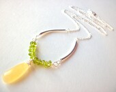 Calcite briolette necklace wire wrapped yellow calcite and peridot gemstones simple silver chain jewelry