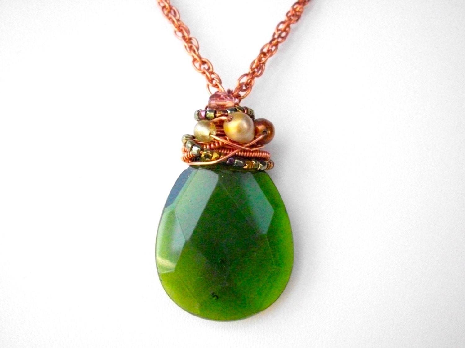 Green briolette necklace, beaded coiled copper, wire wrapped jewellery on copper chain,  pendant necklace