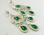 Sterling silver and gold large chandelier earrings, emerald green Chalcedony, Indian inspired
