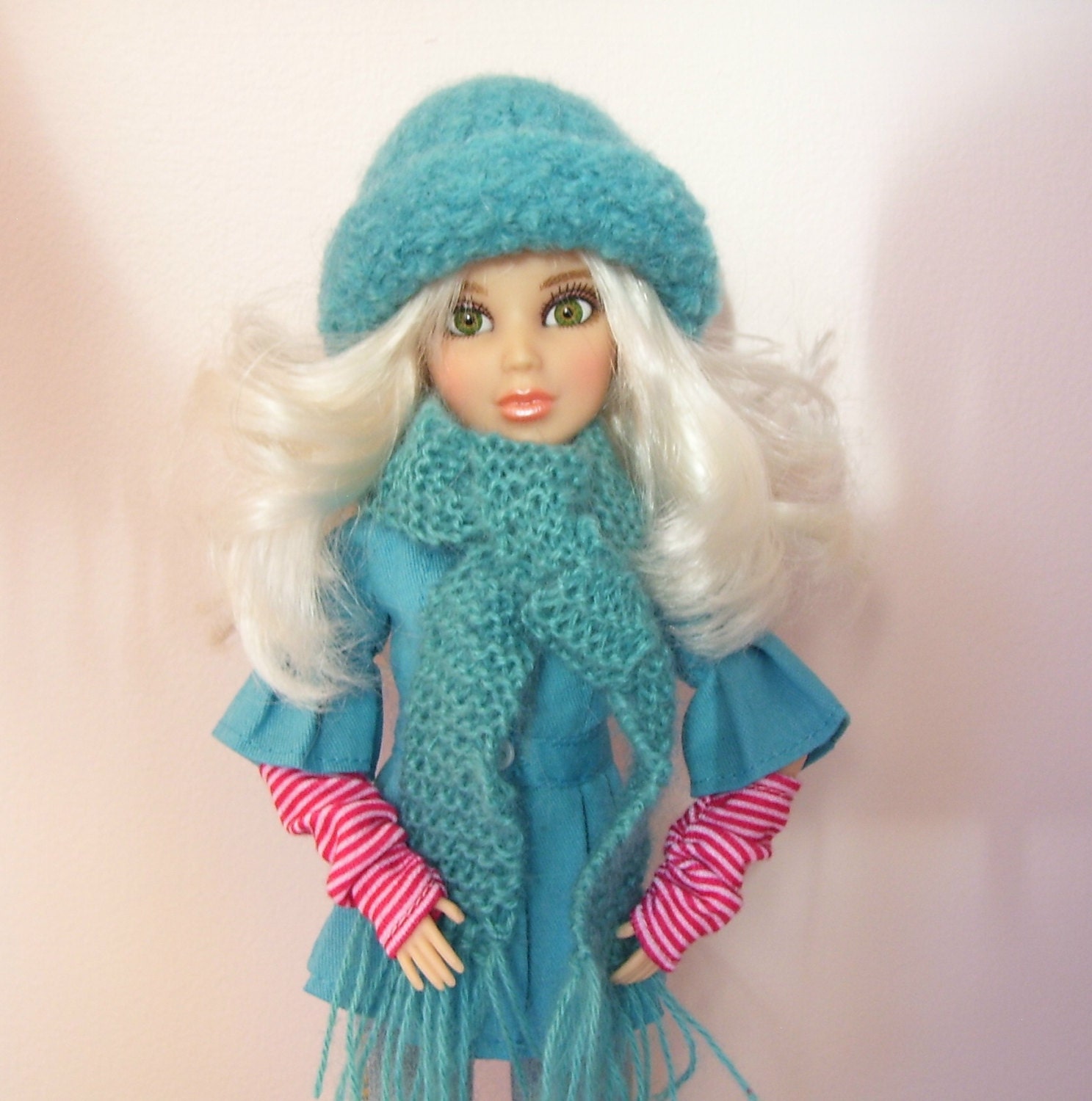 Liv Doll....Hand Knitted and Felted Hat and Scarf....Matching Coat and Wristers Included