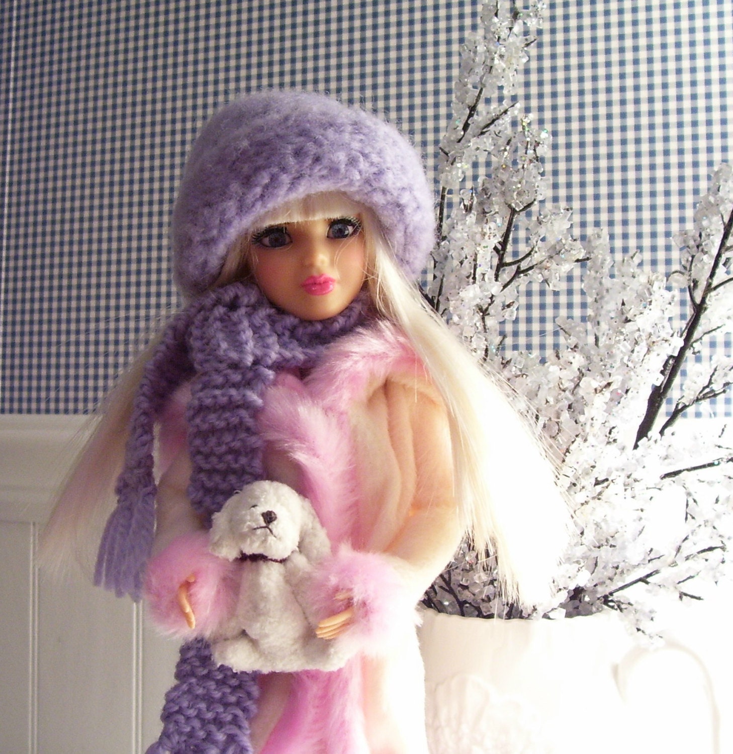 Liv Doll....Hand Knitted and Felted Hat and Scarf....Lavender