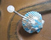 Seashell Belly Button Jewelry Ring Piercing Sea Shell Navel Bar Barbell- Speckled Turquoise Aqua Gold White
