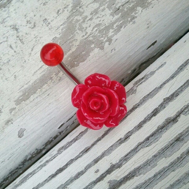 Red Rose Belly Button Jewelry Ring Piercing Navel Bar Barbell Rosebud Flower Bud Crimson Azeetadesigns