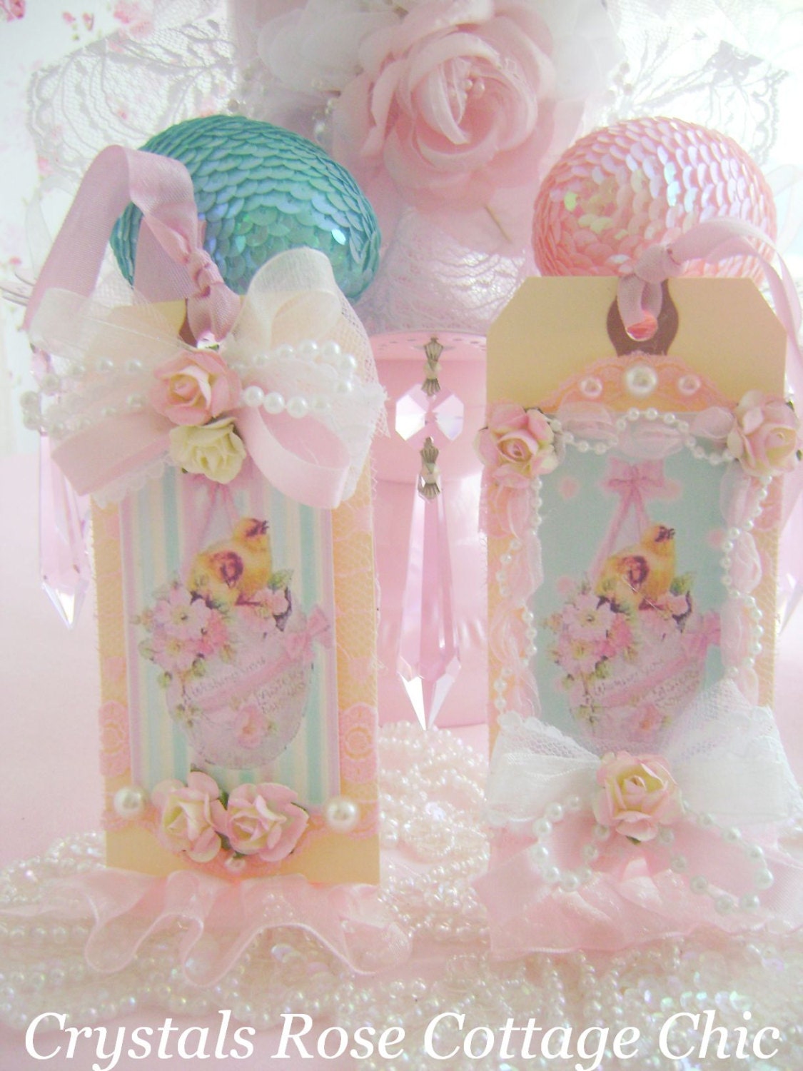Set of Two Shabby Chic Vintage Easter Chick Tags Pink and Aqua for Gifts, Basket  or Decor Ornament for Easter Tree
