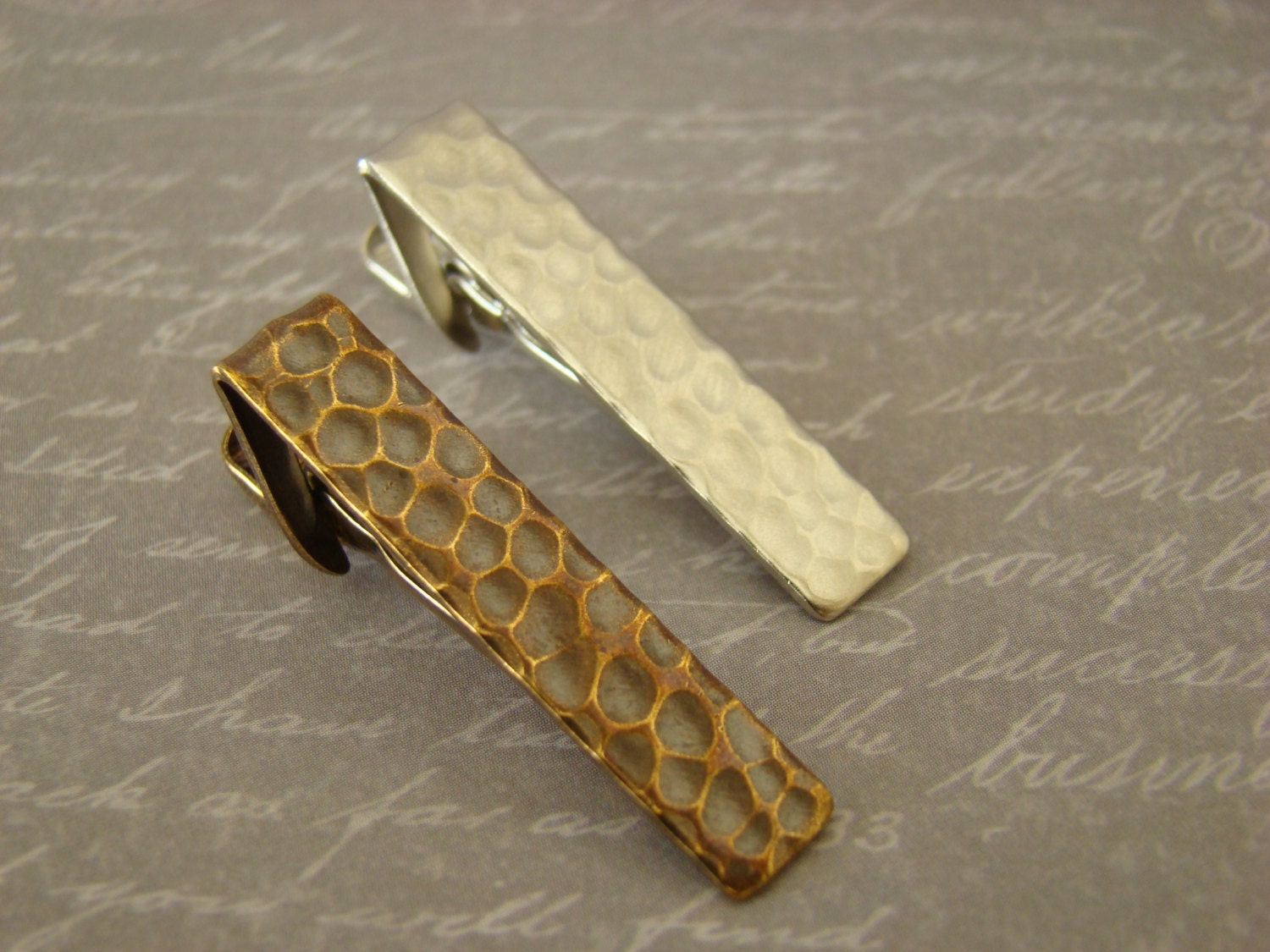 Skinny Tie Clip, Antiqued Brass or Brushed Matte Silver, Textured - Style No. TC747S