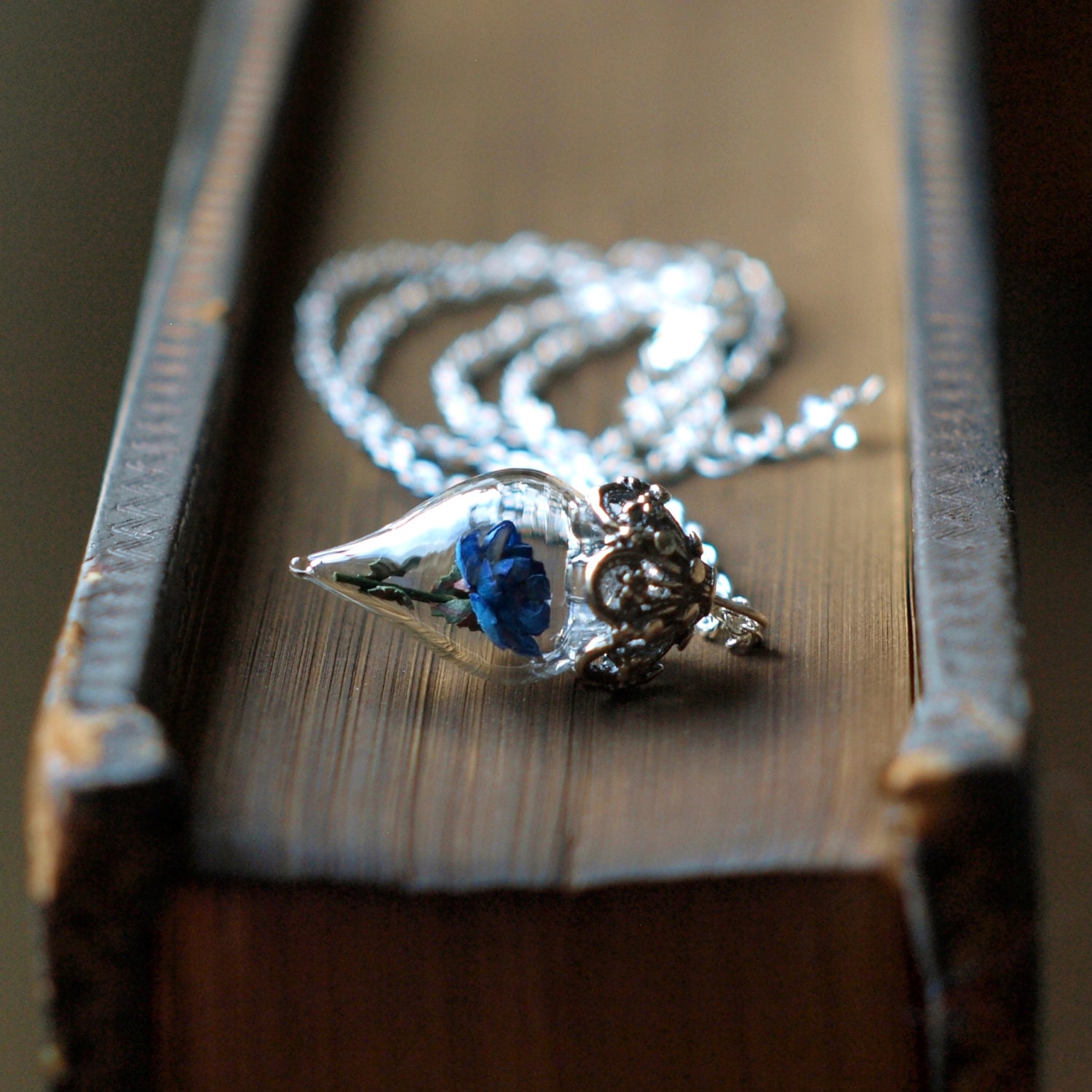 Rare Blue Rose Necklace Tiny Flower Terrarium Glass Vial by Woodland Belle