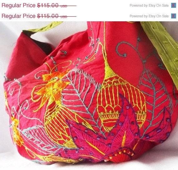 Weekend Sale - OOAK Hobo bag - Hand Embroidered Red Faux Suede slouch bag - Handmade handbag - Ready to Ship