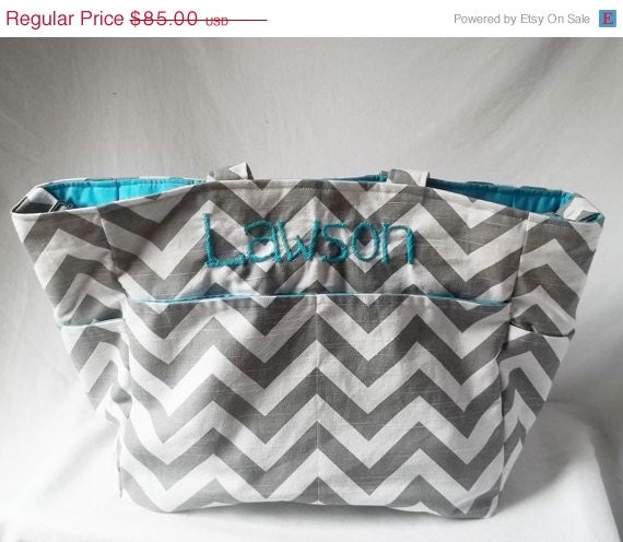 Weekend Sale - Chevron diaper bag with monogram - Grey zig zag large weekender -Made to Order
