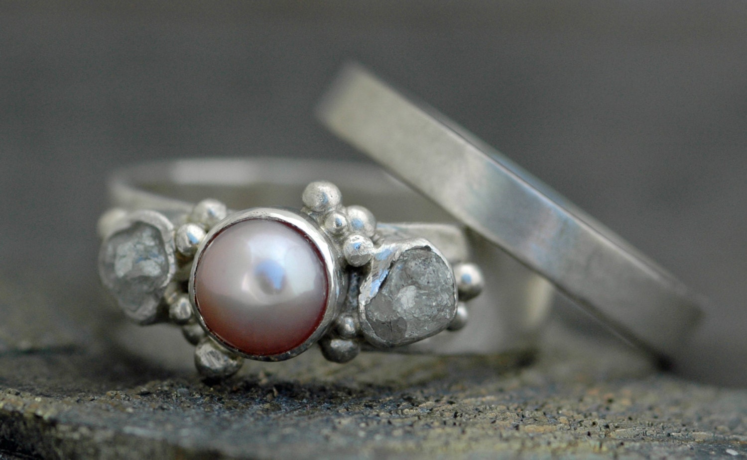 Rough Diamond and Pearl Engagement Band and Wedding Stacking  Ring Set- Custom Made Custom Colour