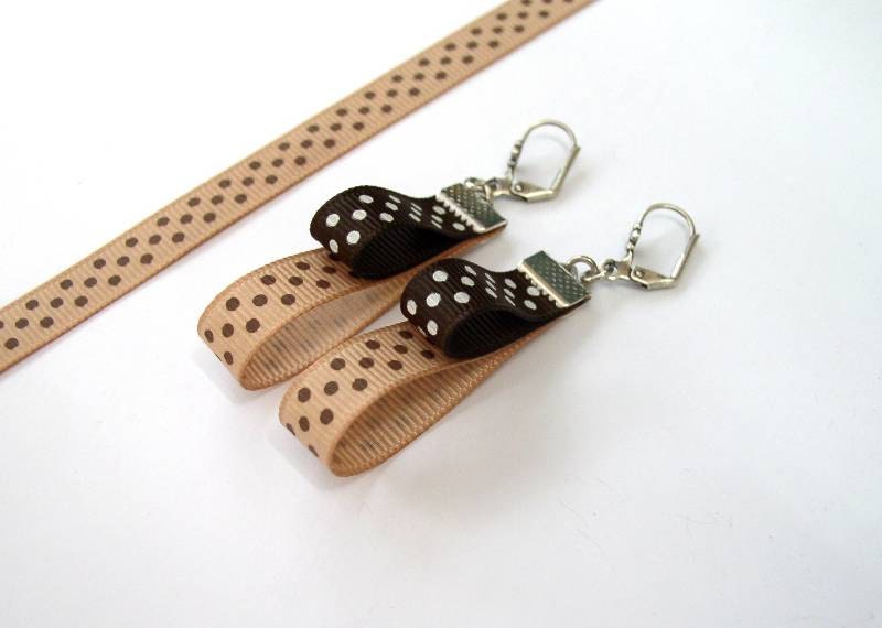 Cappuccino Earrings - Cappuccino Brown Polka Dots Ribbon Earrings
