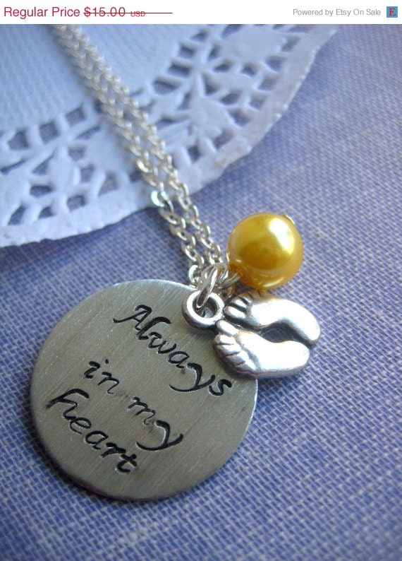 30% SALE Loss, Miscarriage, Infant, Pregnancy Loss, Remembrance Necklace. Always In My heart Handstamped Charm, Footprint, Glass Pearl Birt