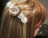 Bridal Hair champagne rosette pearl rhinestone barrette regal elegance
