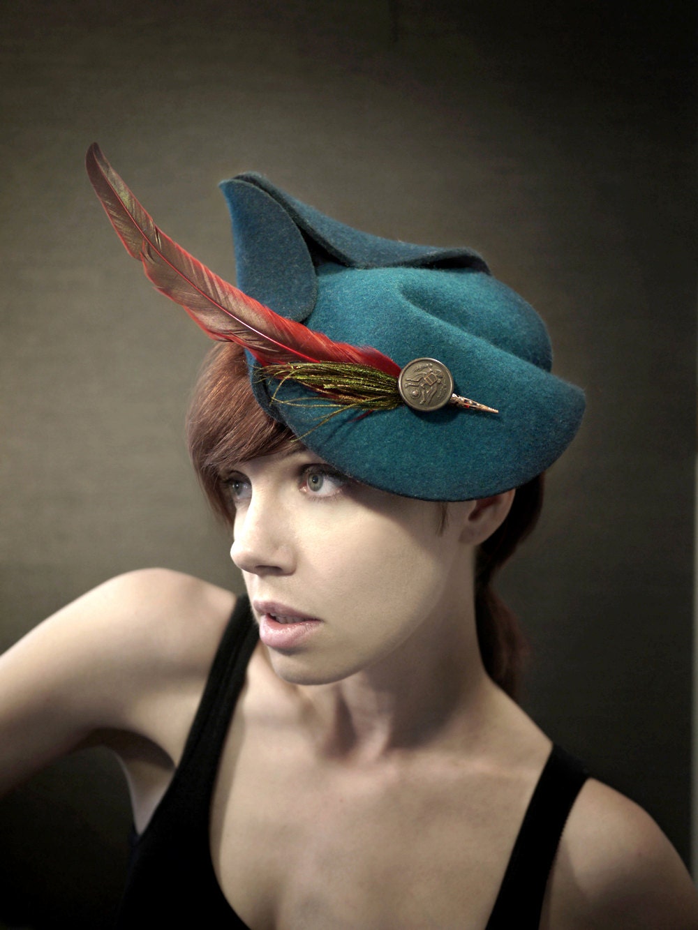Teal Felt Fascinator With Red and Green Feathers - Diana Hat - Made to Order