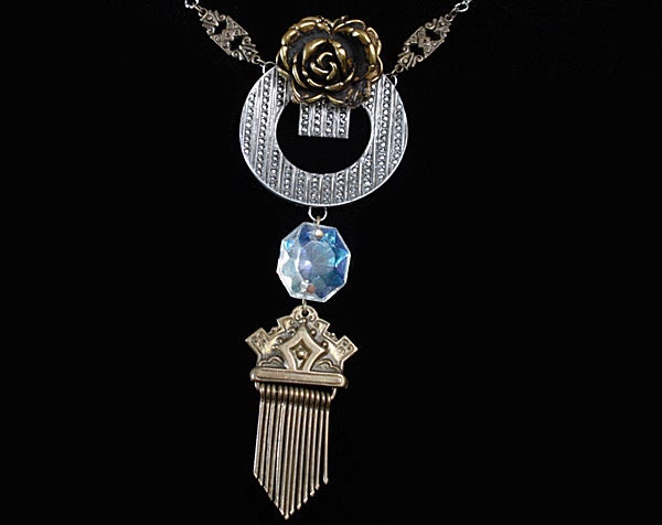 Golden Rose Assemblage necklace Marcasite Antique drop Crystal Mixed Metal Vintage Antique ARTISAN